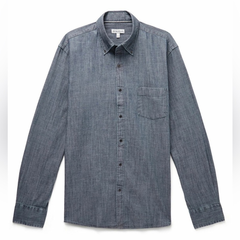 PETER MILLAR “TAMWORTH” COLLAR BUTTON DOWN COTTON BLEND CHAMBRAY SHIRT MEDIUM